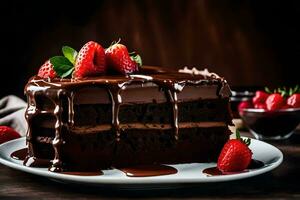 een plak van chocola taart met aardbeien Aan top. ai-gegenereerd foto