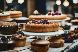 veel verschillend types van cakes en cupcakes Aan Scherm. ai-gegenereerd foto