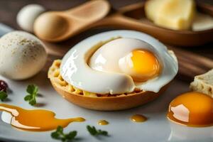 een ei is in een brood kom met kaas en andere ingrediënten. ai-gegenereerd foto