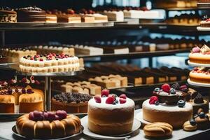 veel verschillend types van cakes zijn Aan Scherm in een bakkerij. ai-gegenereerd foto