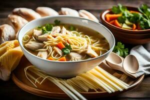kip noodle soep met groenten en brood. ai-gegenereerd foto