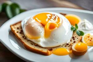 een ei Aan geroosterd brood met een plak van brood. ai-gegenereerd foto