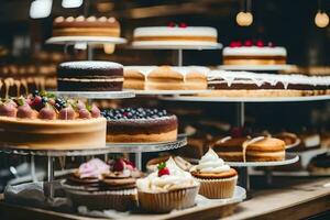 een Scherm van cakes en cupcakes Aan een tafel. ai-gegenereerd foto