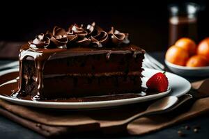 een stuk van chocola taart Aan een bord. ai-gegenereerd foto