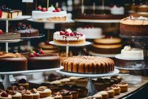 veel verschillend types van cakes zijn Aan Scherm in een bakkerij. ai-gegenereerd foto