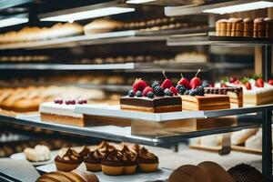 veel verschillend types van cakes zijn Aan Scherm in een bakkerij. ai-gegenereerd foto