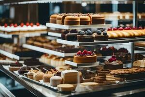 veel verschillend types van desserts zijn Aan Scherm in een bakkerij. ai-gegenereerd foto