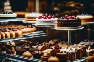 veel verschillend types van cakes zijn Aan Scherm in een bakkerij. ai-gegenereerd foto