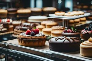 veel verschillend types van cakes zijn Aan Scherm in een bakkerij. ai-gegenereerd foto