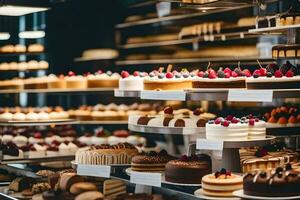 veel verschillend types van cakes zijn Aan Scherm in een bakkerij. ai-gegenereerd foto