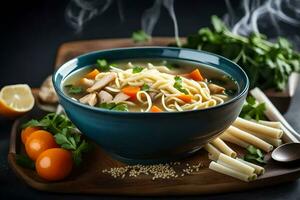 kip noodle soep met groenten en noedels in een blauw schaal. ai-gegenereerd foto