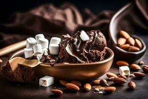 chocola ijs room met marshmallows en amandelen. ai-gegenereerd foto