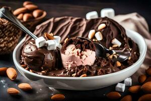 chocola ijs room met amandelen en marshmallows in een schaal. ai-gegenereerd foto