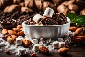 chocola ijs room met marshmallows en amandelen. ai-gegenereerd foto