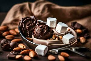 chocola ijs room met amandelen en marshmallows. ai-gegenereerd foto