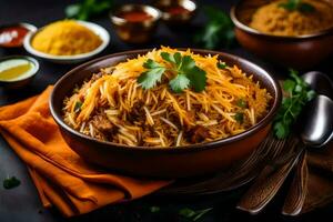 Indisch voedsel in een kom met specerijen en rijst. ai-gegenereerd foto