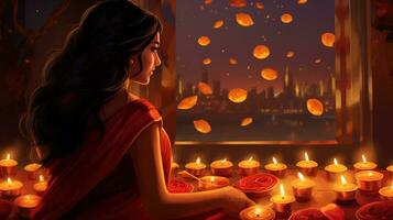 festival van lichten. diwali, festival van lichten. web banier ontwerp met kaarsen en vrouw. ai gegenereerd foto
