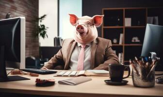kantoor tafereel met een goed gekleed varken. ai generatief foto