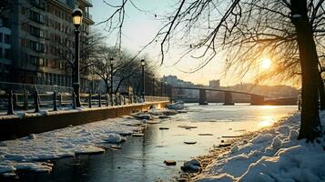 winter stad landschap Bij ochtendgloren. ai gegenereerd foto