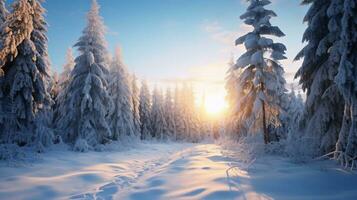 winter Woud landschap met met sneeuw bedekt Spar bomen. ai gegenereerd. foto