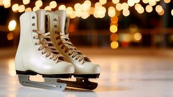 een paar- van wit skates tegen de backdrop van een ijs het schaatsen baan en verlichting. ai gegenereerd. foto