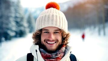 jong skiër in gebreid kapstokken tegen de backdrop van winter landschap en glimlacht. ai gegenereerd. foto