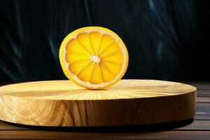 een citroen plak Aan een houten tafel in de stijl van biologisch natuur, voorkant visie achtergrond ai generatief foto