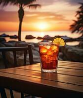 glas van aperol spritz cocktail Aan houten tafel met zonsondergang vervagen strand achtergrond ai generatief foto