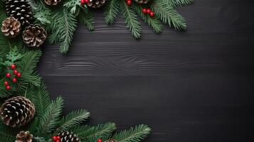 top visie van Kerstmis decoratie Aan hout achtergrond, generatief ai. foto