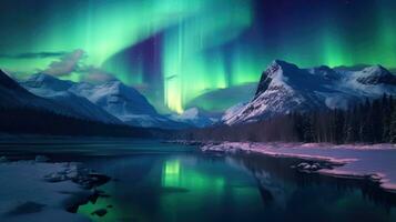 Aurora borealis en Aurora australisch gelijktijdig verlichting omhoog de polair luchten behang. ai generatief foto