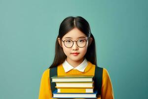 gelukkig school- leerling, Aziatisch meisje in bril Aan geïsoleerd Aan studio achtergrond met kopiëren ruimte, terug naar school. ai generatief foto