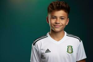 portret van een gelukkig Mexicaans jongen tiener- sport leerling Aan geïsoleerd Aan studio achtergrond met kopiëren ruimte, terug naar school. ai generatief foto