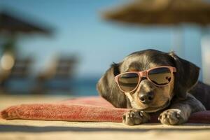 hond puppy vervelend zonnebril, aan het liegen Aan een zonnebank naar zonnebaden Bij de strand zee Aan zomer vakantie, vakantie. grappig concept. ai generatief foto