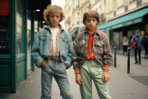 nostalgisch Parijs wandeling vrienden in de betoverend straten van de Jaren '90. ai generatief foto