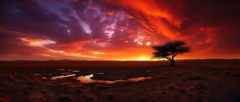 rood zonsondergang in de woestijn met een boom in de voorgrond en een dramatisch lucht. ai generatief foto