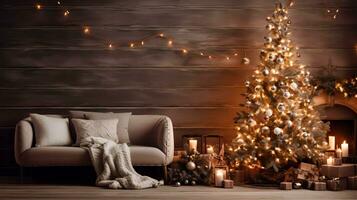 knus kerstmis, nieuw jaar interieur met houten muur achtergrond, bank, versierd Spar boom met slingers en ballen, geschenk doos en kaarsen. feestelijk minimalistisch ontwerp, vakantie huis decor. ai gegenereerd foto
