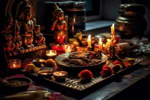diwali puja gebeden met een prachtig versierd puja thali, idolen, en wierook. generatief ai foto