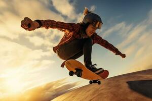 een hoge Hoek dynamisch schot van een extreem sport- liefhebber het uitvoeren van een gedurfd stunten, zo net zo skateboarden trucs , vastleggen de adrenaline stormloop van de moment. generatief ai foto