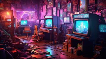 retro gamen, digitaal kunst illustratie, generatief ai foto