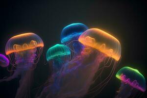 groep van Doorzichtig gloeiend neon kleur licht gelei vis in diep donker water. neurale netwerk gegenereerd kunst foto