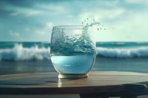 een glas van drinken water en water plons Aan houten tafel De volgende naar de strand. ai generatief foto