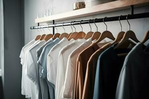 schoon kleren Aan hangers in de wasserij kamer. neurale netwerk ai gegenereerd foto