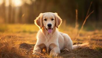 gouden retriever hond zittend in de gras Bij zonsondergang ai gegenereerd foto