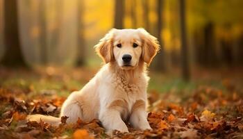 gouden retriever hond zittend in de gras Bij zonsondergang ai gegenereerd foto