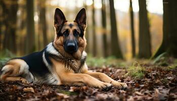 Duitse herder hond houdende in de gras Bij zonsondergang ai gegenereerd foto