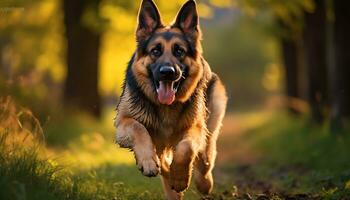 gouden retriever hond houdende in gras Bij zonsondergang ai gegenereerd foto