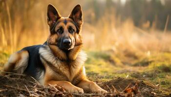 gouden retriever hond houdende in gras Bij zonsondergang ai gegenereerd foto