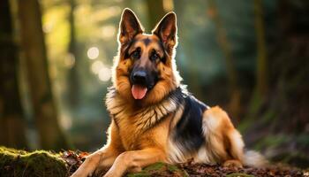 Duitse herder hond houdende in de gras Bij zonsondergang ai gegenereerd foto