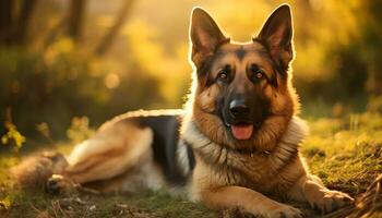 Duitse herder hond houdende in de gras Bij zonsondergang ai gegenereerd foto