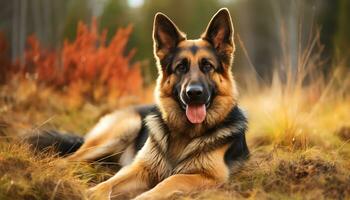 Duitse herder hond houdende in de gras Bij zonsondergang ai gegenereerd foto